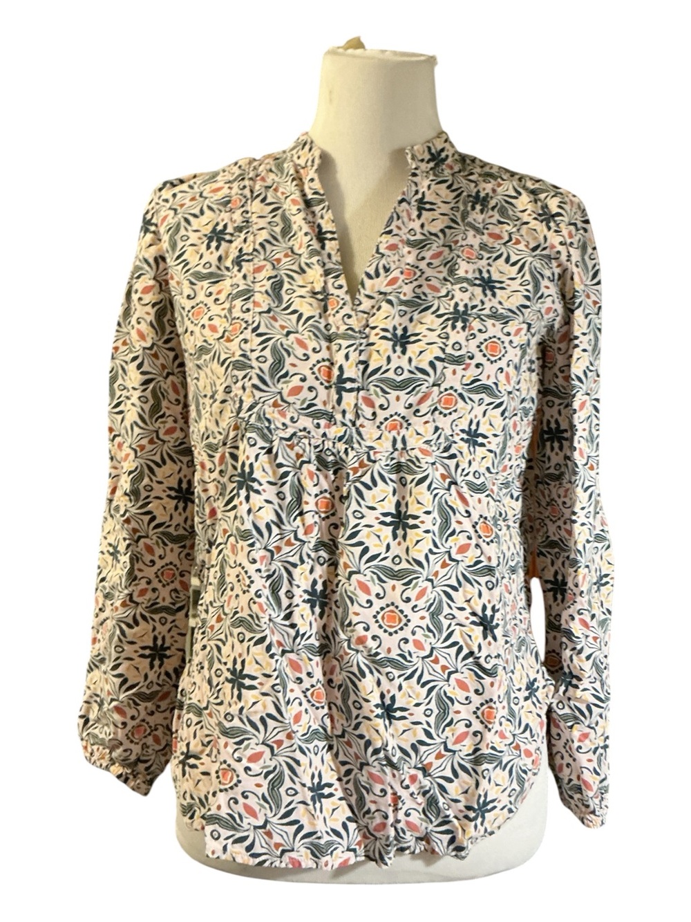 Women's Floral Split-Neck Blouse - Cream with Green & Pink Accents